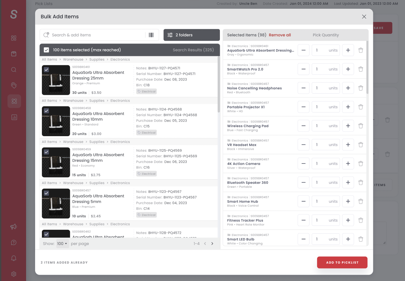 Card view inside bulk add with rich item details