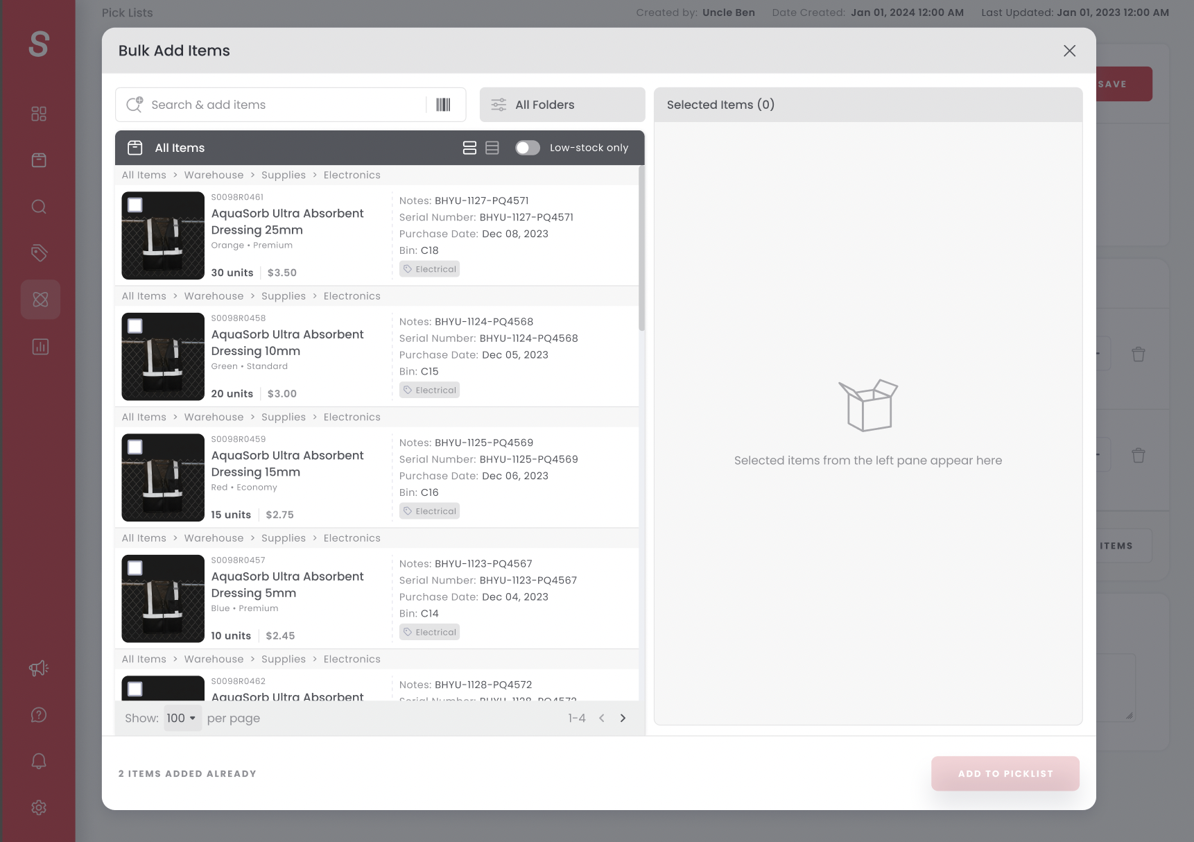 Bulk add modal with shopping cart style item selection
