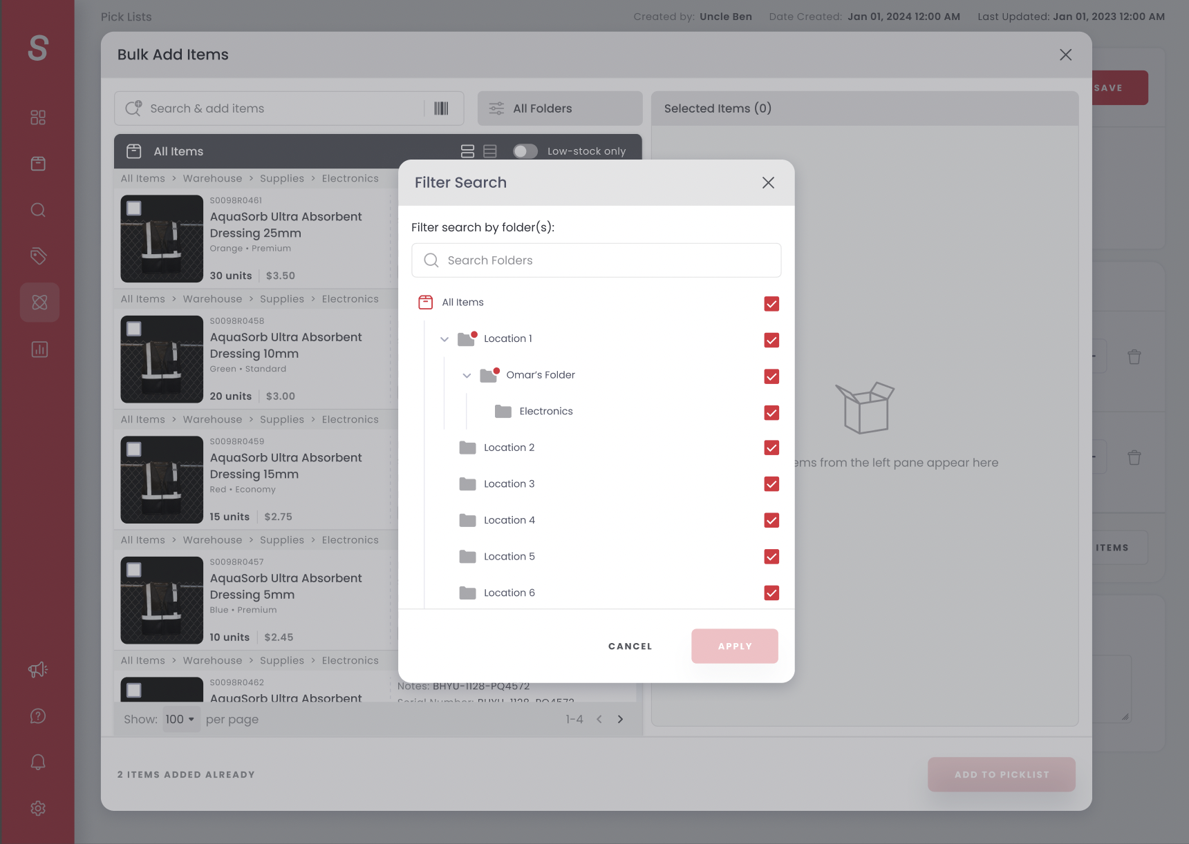 Folder tree selection for filtering inventory by location