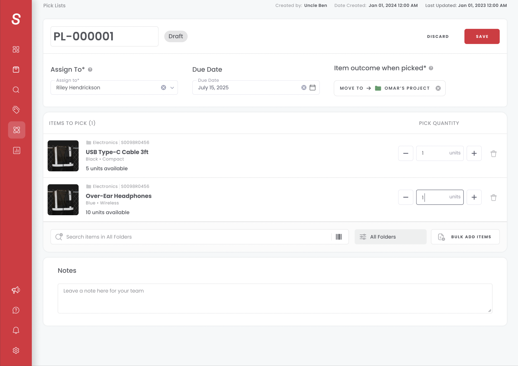 Items added to workflow with quantity controls and search bar at bottom