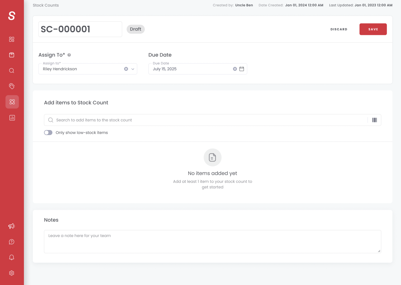 Stock Count in Draft status, ready to add items